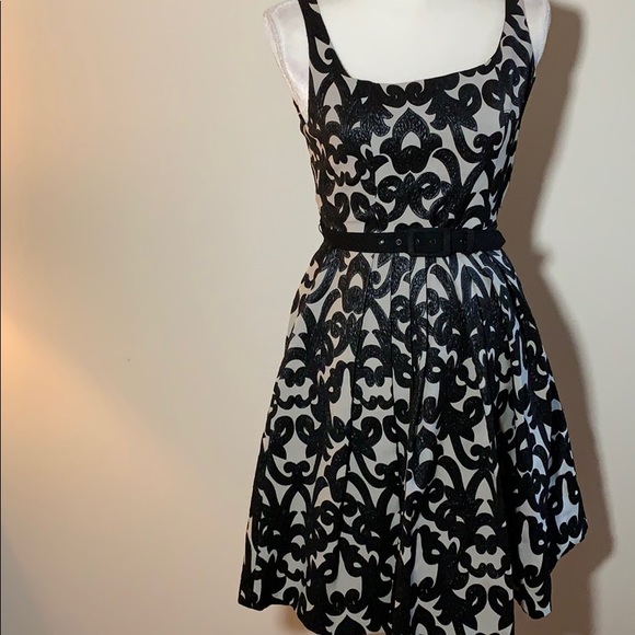 Eva Franco Black and Tan Jacquard Fit &Flare Dress - Picture 1 of 7